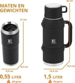 MacGyver RVS Thermoskan 1.5 Ltr – RVS Thermosbeker 0,55 Ltr - Langdurig Warm/koud - Zwart -LAVAZZA Winkel 1079x1200