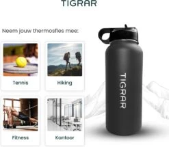 Tigrar - Drinkfles - Waterfles - Thermosfles 1 Liter - RVS - (Grafiet) Zwart - Incl. Extra Dop 3 Rietjes En Reiniger -LAVAZZA Winkel 1200x1044 2