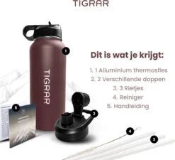 Tigrar - Waterfles Met Rietje - Drinkfles 1 Liter - Thermosfles - RVS - Rood - Incl. Extra Dop, 3 Rietjes En Reiniger 3 Tigrar - Waterfles Met Rietje - Drinkfles 1 Liter - Thermosfles - RVS - Rood - Incl. Extra Dop, 3 Rietjes En Reiniger -LAVAZZA Winkel 1200x1093