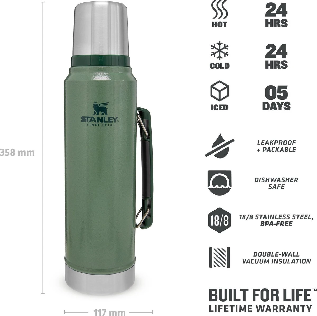 Stanley The Legendary Classic Bottle 1,00L - thermosfles - Hammertone Green Stanley The Legendary Classic Bottle 1,00L - Thermosfles - Hammertone Green -LAVAZZA Winkel