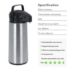 Cheqo® Thermos Pomp - 1.8L Roestvrij Staal - Isoleerkan Met Pomp - Thermoskan Met Pomp - Zwarte Dop & Handvat - Houdt 6 Uur Warm - 1800ml - Afmeting 17x14x36cm -LAVAZZA Winkel 1200x1200 340
