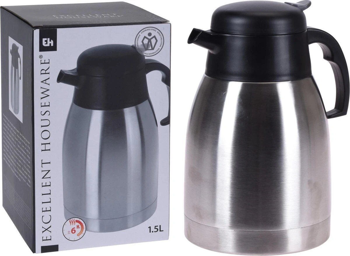 1x Koffie/thee thermoskan RVS 1500 ml - Isoleerkannen voor warme / koude dranken Excellent Houseware 1x Koffie/thee Thermoskan RVS 1500 Ml - Isoleerkannen Voor Warme / Koude Dranken -LAVAZZA Winkel