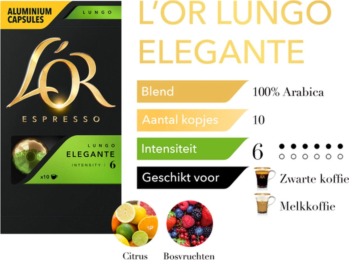 L'OR Lungo Elegante Koffiecups - Intensiteit 6/12 - 10 x 10 capsules L'OR Lungo Elegante Koffiecups - Intensiteit 6/12 - 10 X 10 Capsules -LAVAZZA Winkel