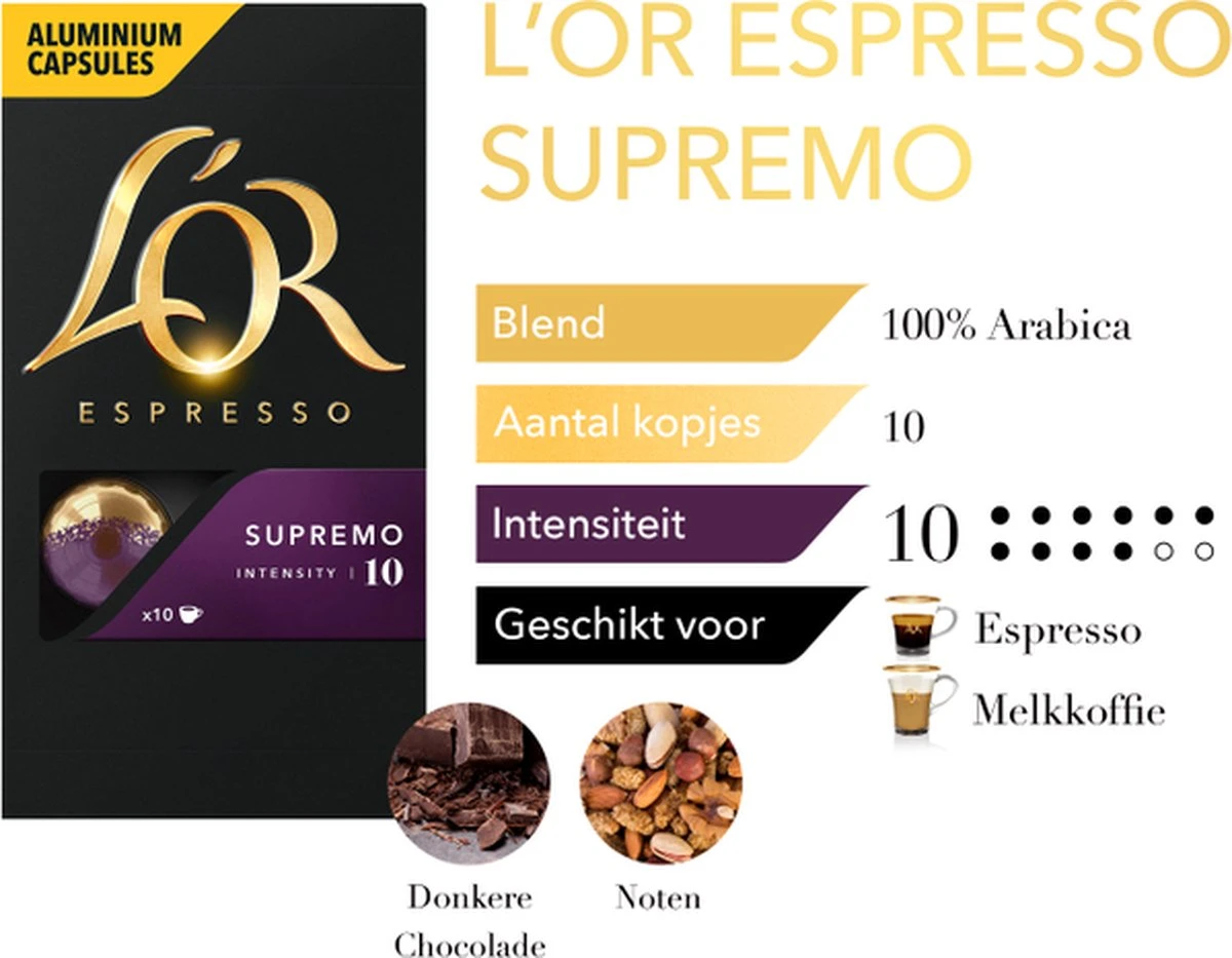 L'OR Espresso Supremo Koffiecups - Intensiteit 10/12 - 10 x 10 capsules L'OR Espresso Supremo Koffiecups - Intensiteit 10/12 - 10 X 10 Capsules -LAVAZZA Winkel 1200x933 1