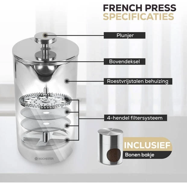 Rochester French Press - Cafetiere met Bonenpotje - Koffiemaker - 1 Liter - Vaatwasserbestendig – Dubbelwandig - RVS Rochester French Press - Cafetiere Met Bonenpotje - Koffiemaker - 1 Liter - Vaatwasserbestendig – Dubbelwandig - RVS -LAVAZZA Winkel 3813902 ffc95859