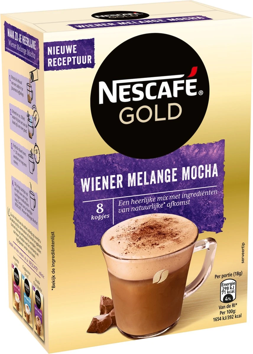 Nescafé Gold Wiener Melange Mocha oploskoffie - 6 doosjes à 8 zakjes Nescafé Gold Wiener Melange Mocha Oploskoffie - 6 Doosjes à 8 Zakjes -LAVAZZA Winkel 856x1200 2