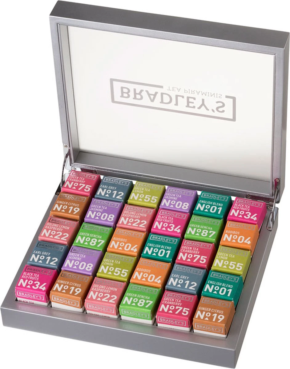 Bradley's Fairtrade - Luxe Piramini 30-vaks theekist - Theedoos - 11 theesoorten + 30 stuks GEVULD Bradley's Fairtrade - Luxe Piramini 30-vaks Theekist - Theedoos - 11 Theesoorten + 30 Stuks GEVULD -LAVAZZA Winkel 942x1200 1