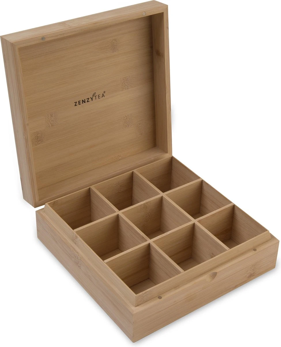 Theedoos van ZENZYTEA® - Bamboe - Theedoos 9 vaks - Inclusief 3 theeblikken voor losse thee - Geschikt voor Grote & Kleine theezakjes - Vierkant - Grote vakken - Luxe verpakking - Cadeau Theedoos Van ZENZYTEA® - Bamboe - Theedoos 9 Vaks - Inclusief 3 Theeblikken Voor Losse Thee - Geschikt Voor Grote & Kleine Theezakjes - Vierkant - Grote Vakken - Luxe Verpakking - Cadeau -LAVAZZA Winkel